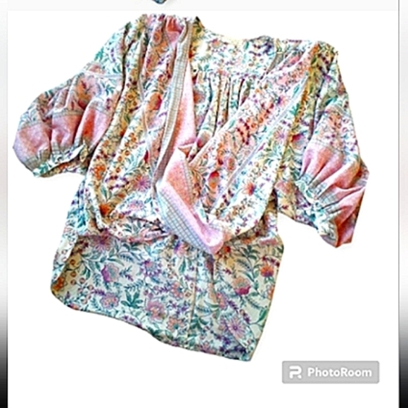 Love stitch blouse cream and pink with gold stitch mid poofy dolman sleeves M - Picture 3 of 5